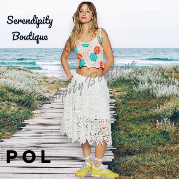 POL Granny Crochet Patch Tie Shoulder Pastels & Pearls Soft Floral Crop Top - Picture 6 of 8